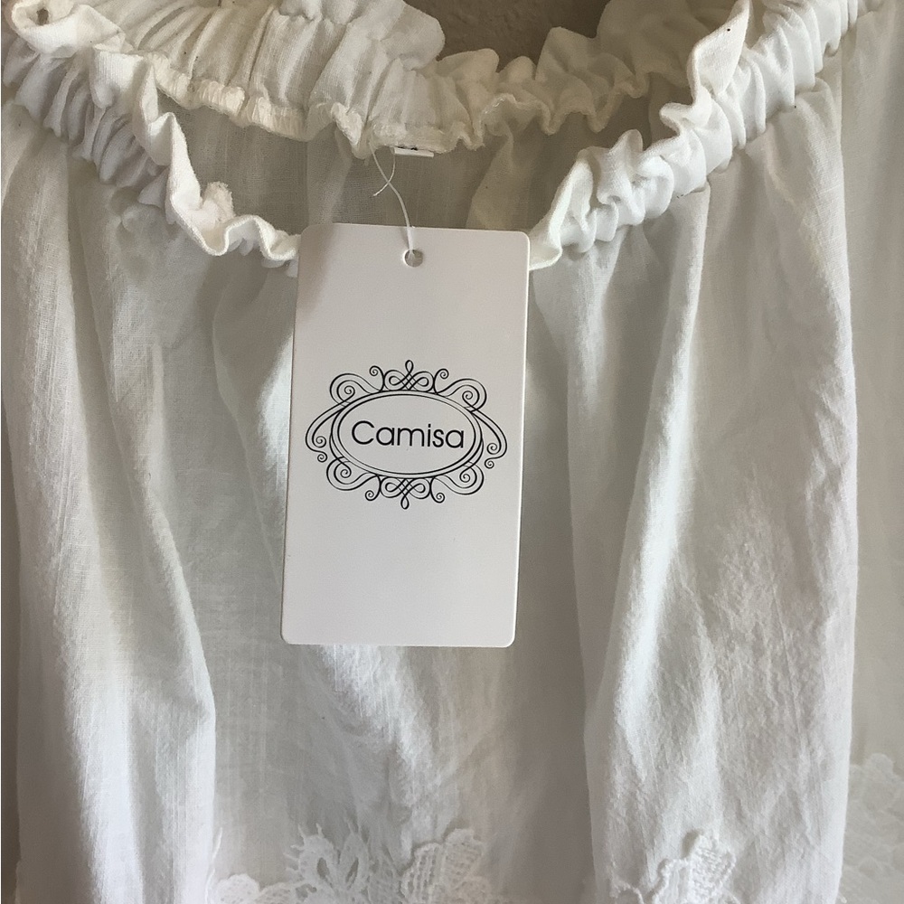 New with tags, off Shoulder White Camisa Women's Top with overlay detail